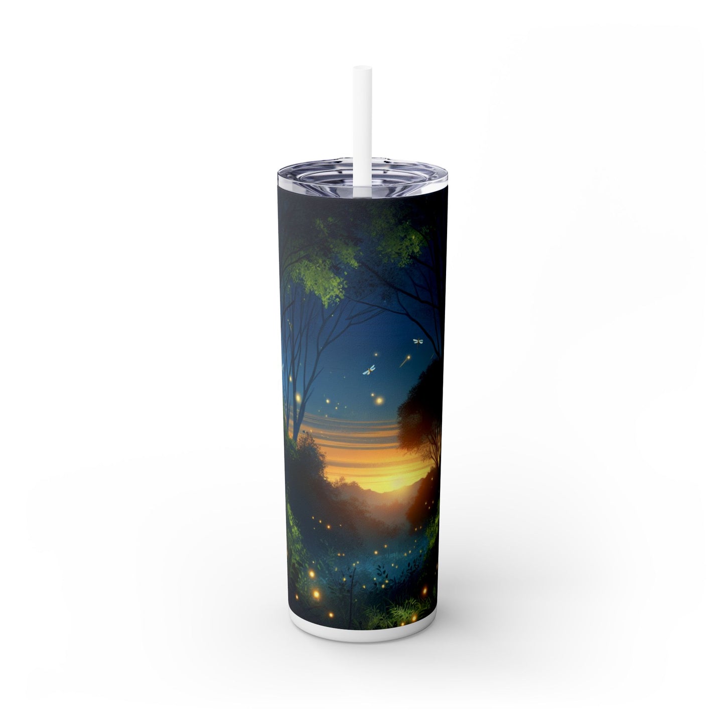 "Enchanted Dusk: Fireflies in the Forest" - The Alien Maars® Skinny Tumbler with Straw 20oz