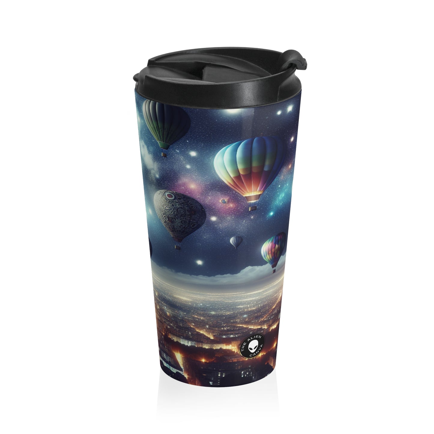 "Viaje nocturno estrellado: globos aerostáticos sobre la ciudad" - Taza de viaje de acero inoxidable de The Alien