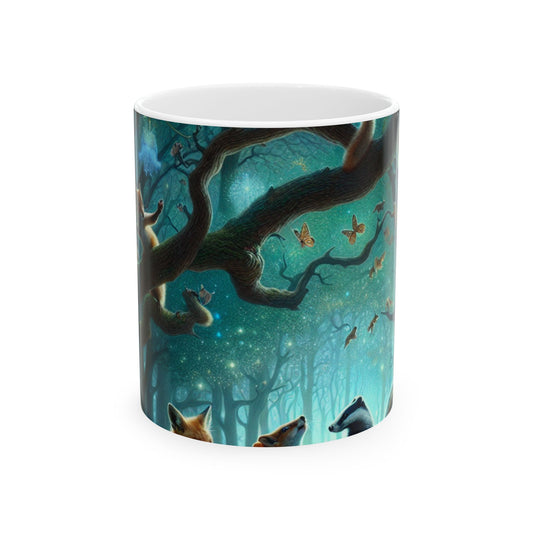 "Animales místicos: criaturas retozando en un bosque encantado" - Taza de cerámica The Alien de 11 oz