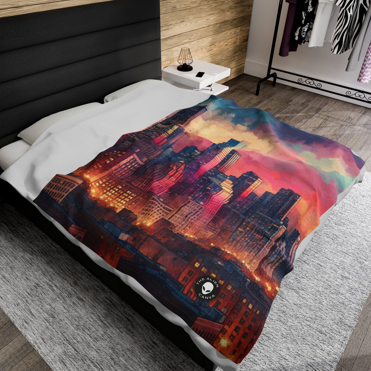 "Dusky Reflections: City Skyline at Sunset" - The Alien Velveteen Plush Blanket