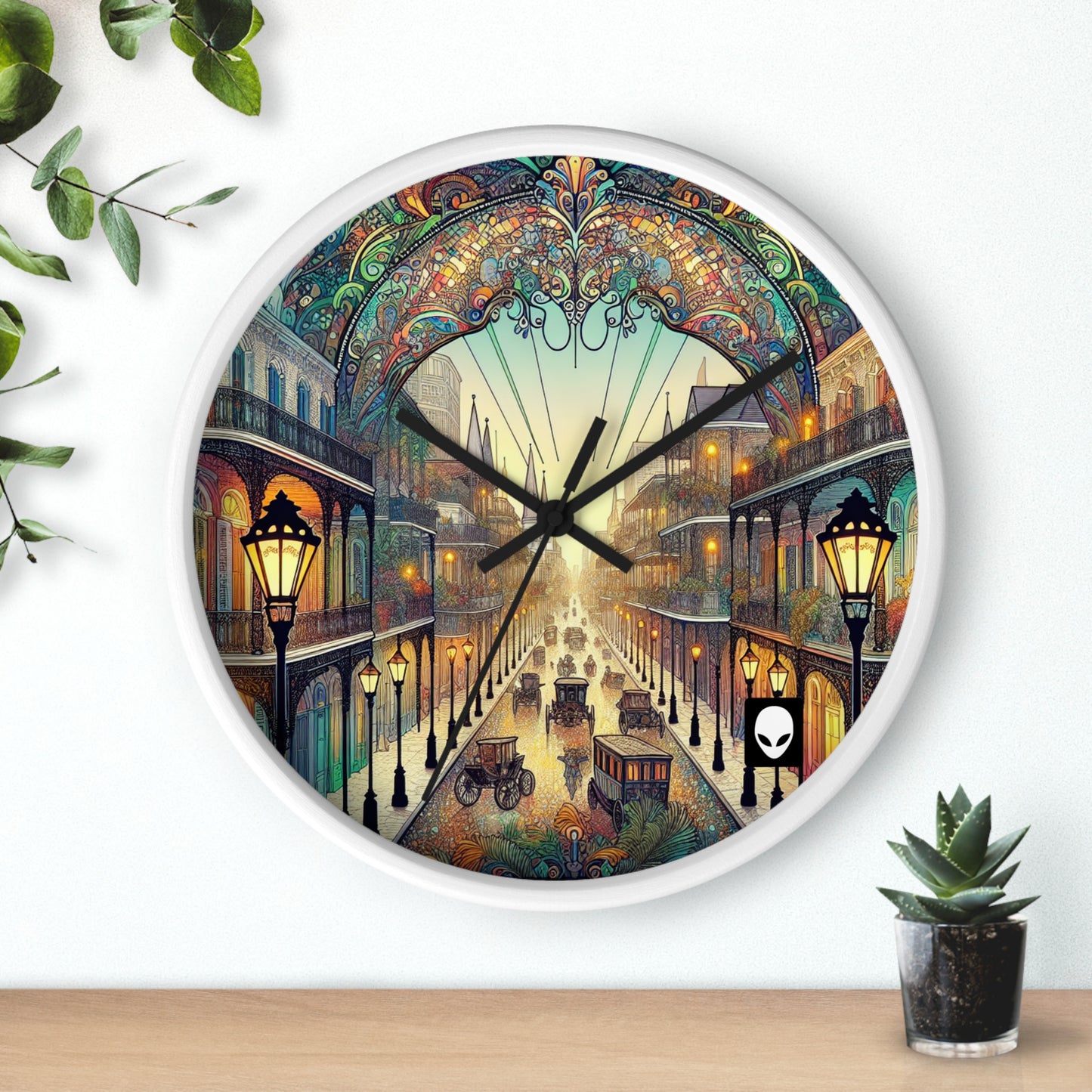 "Vivid Splendor: Una imagen del barrio francés de Nueva Orleans" - El reloj de pared alienígena estilo Art Nouveau