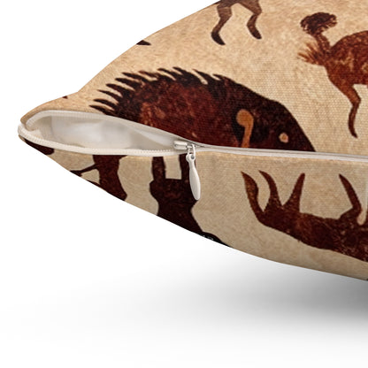 Title: "Ancient Encounter: The Battle of Giants"- The Alien Spun Polyester Square Pillow Cave Painting