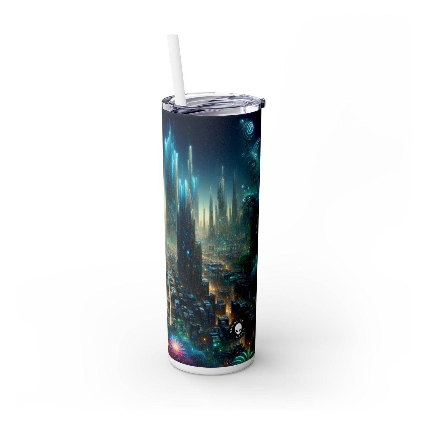 "Neon Oasis: A Futuristic Urban Wonderland" - The Alien Maars® Skinny Tumbler with Straw 20oz