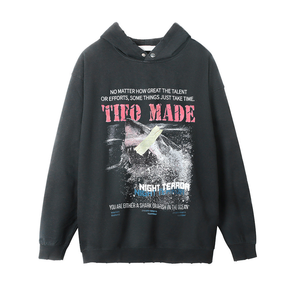 Washed Vintage Printed Shark Hooded Sweater