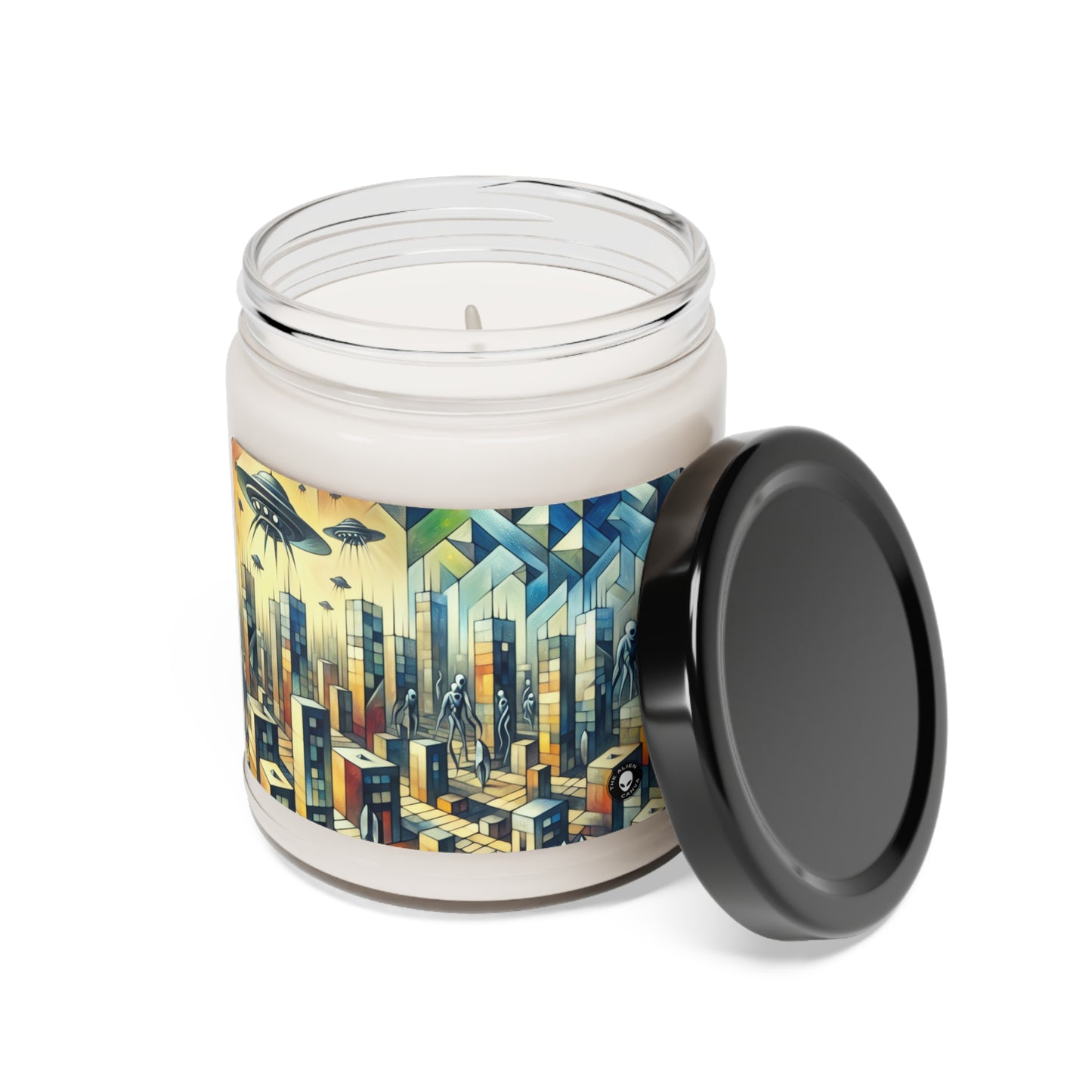 "Cubism in a Futuristic, Alien-Invaded City". - The Alien Scented Soy Candle 9oz A futristic city invaded by aliens in cubism art style