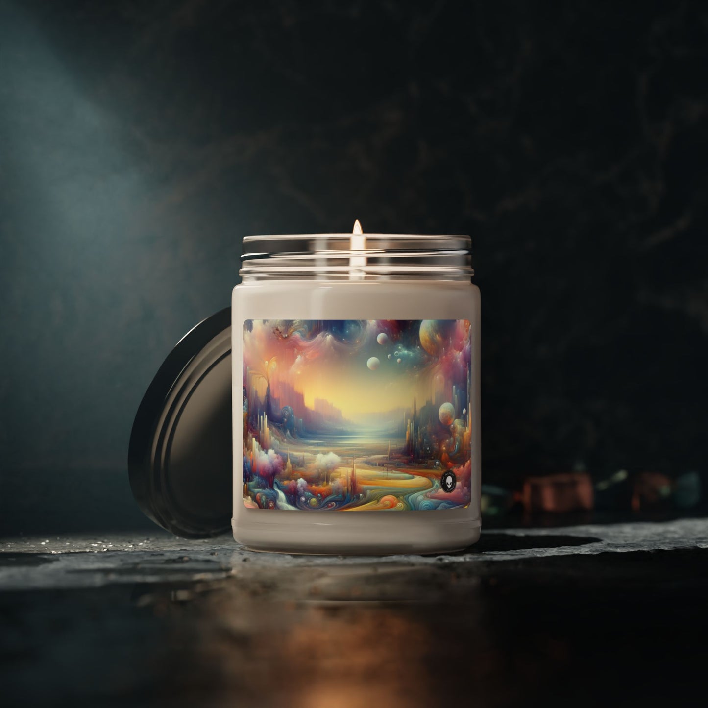 "Dreamscape Delights: A Surreal Painting" - Vela de soja con aroma a alienígena de 9 oz