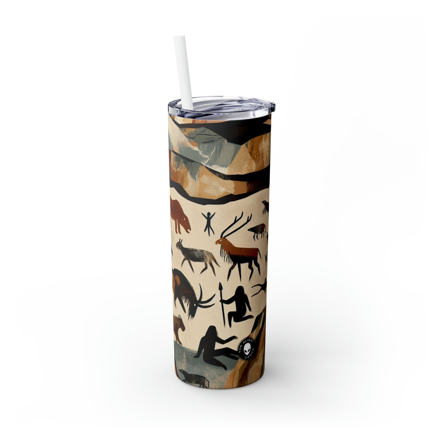 "The Discovery of Fire: A Cave Painting Tale" - The Alien Maars® Skinny Tumbler with Straw 20oz Cave Painting