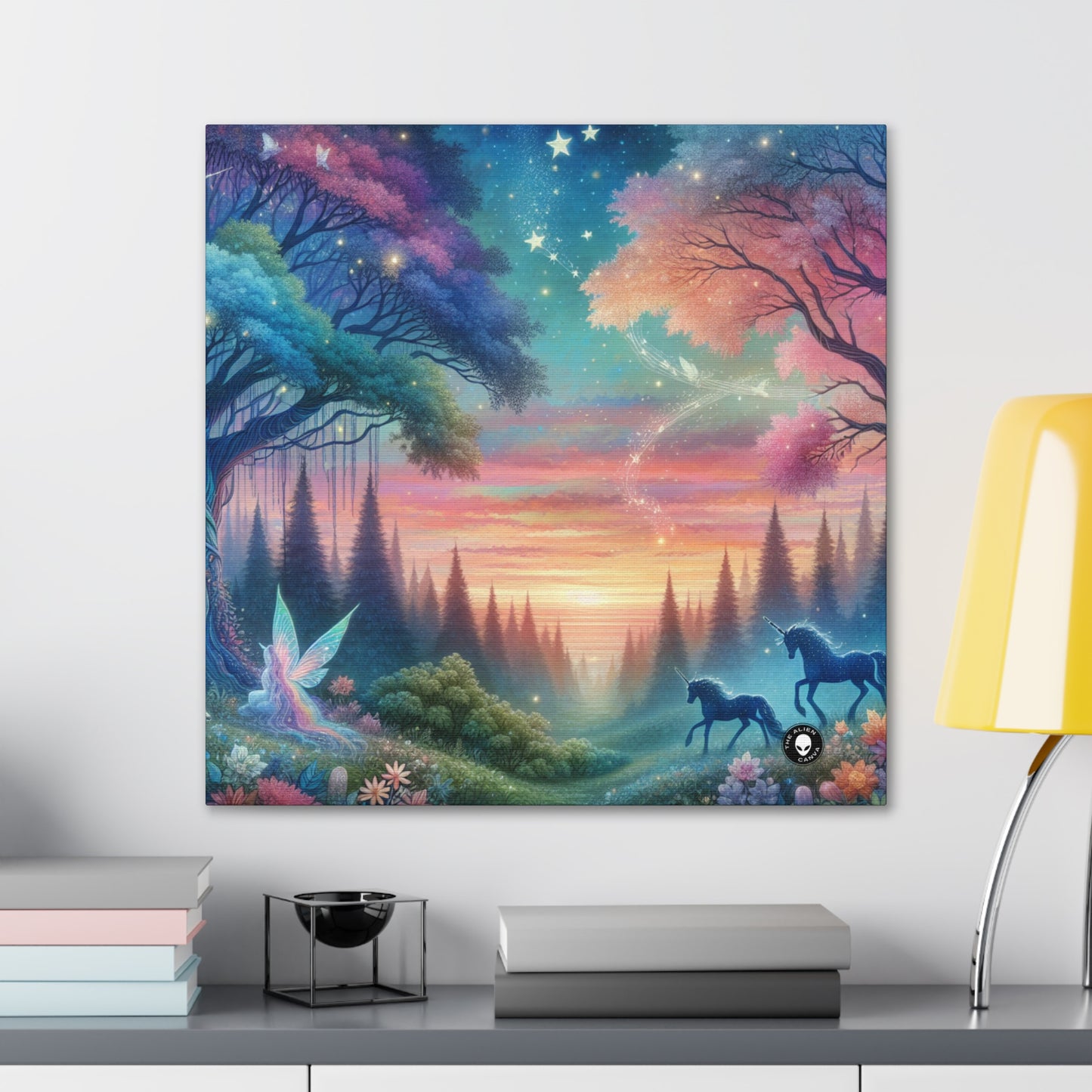 "Atardecer encantado: una pintura de un bosque mágico" - The Alien Canva