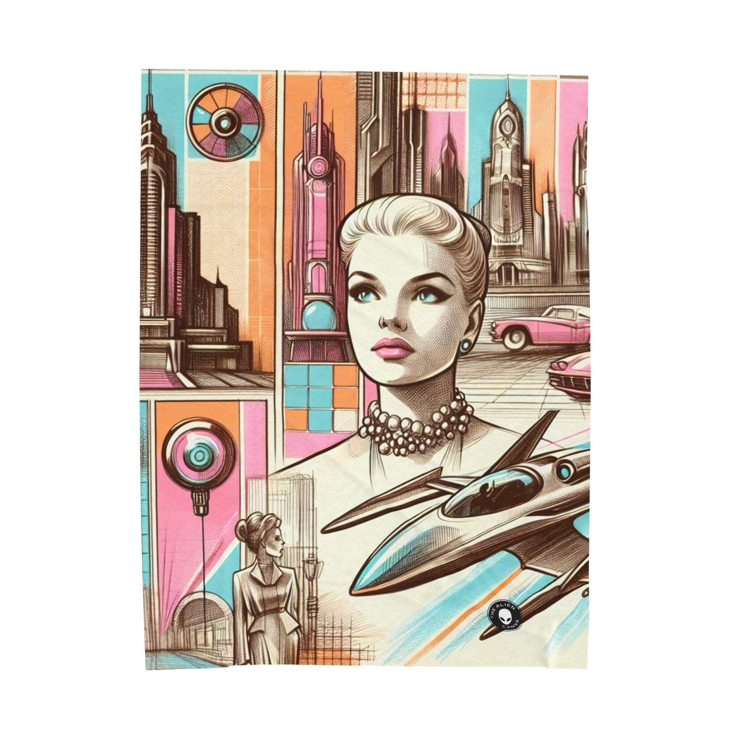 "Neon Metropolis: Un sueño retro-futurista" - La manta de felpa Alien Velveteen Retro-futurismo