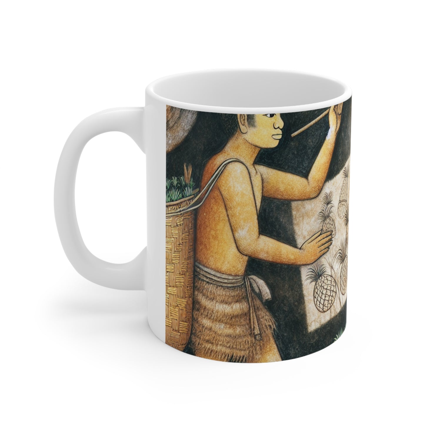 "Cosecha de piñas" - Taza de cerámica The Alien de 11 oz estilo pintura rupestre