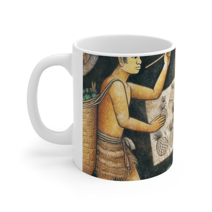 "Cosecha de piñas" - Taza de cerámica The Alien de 11 oz estilo pintura rupestre