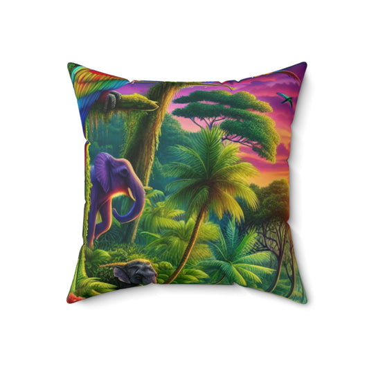 "Sundown in the Wild: A Rainbow Jungle Adventure"- The Alien Spun Polyester Square Pillow