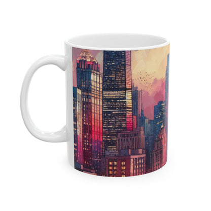 "Reflejos oscuros: horizonte de la ciudad al atardecer" - Taza de cerámica The Alien de 11 oz