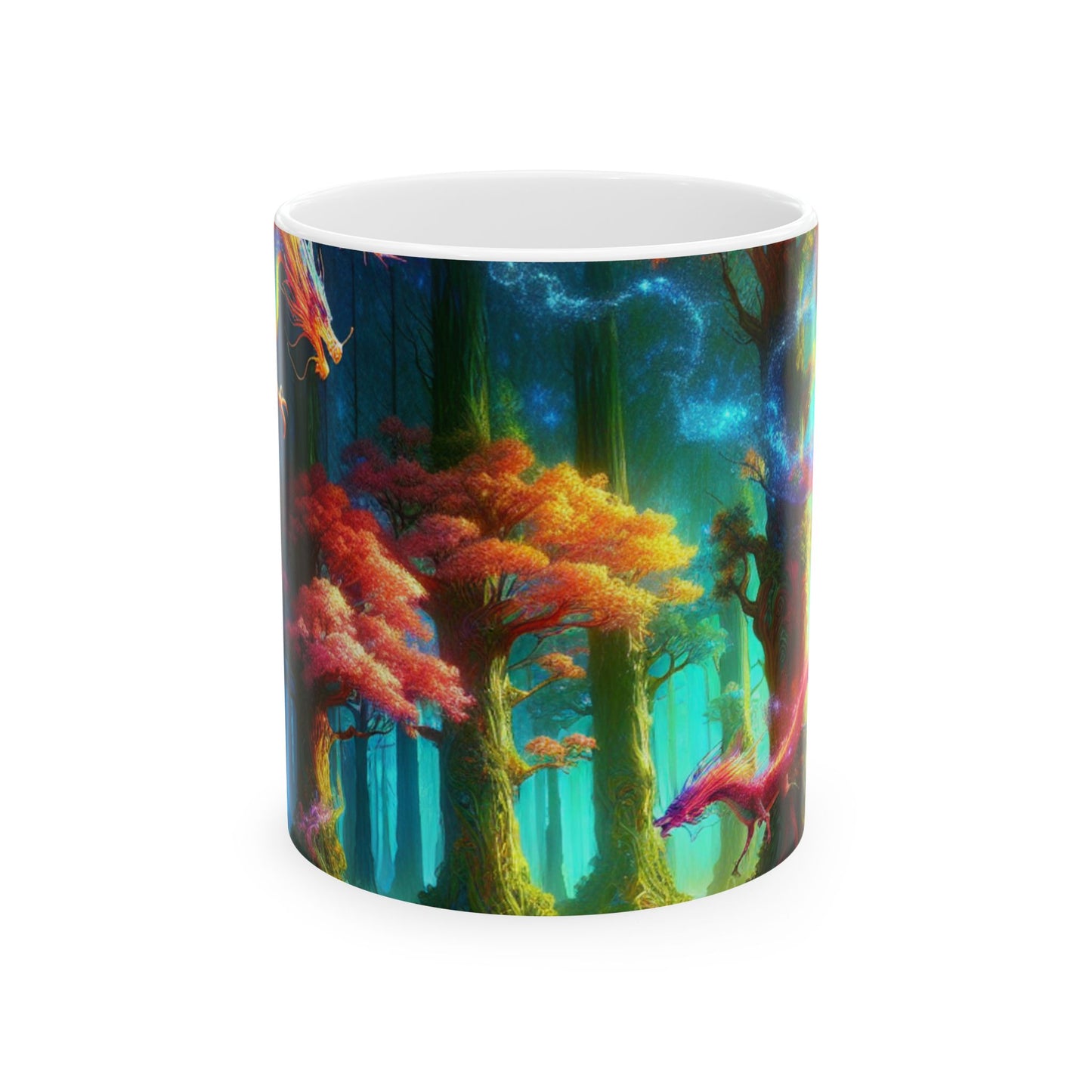 "Bosque arcoíris del dragón": taza de cerámica alienígena de 11 oz