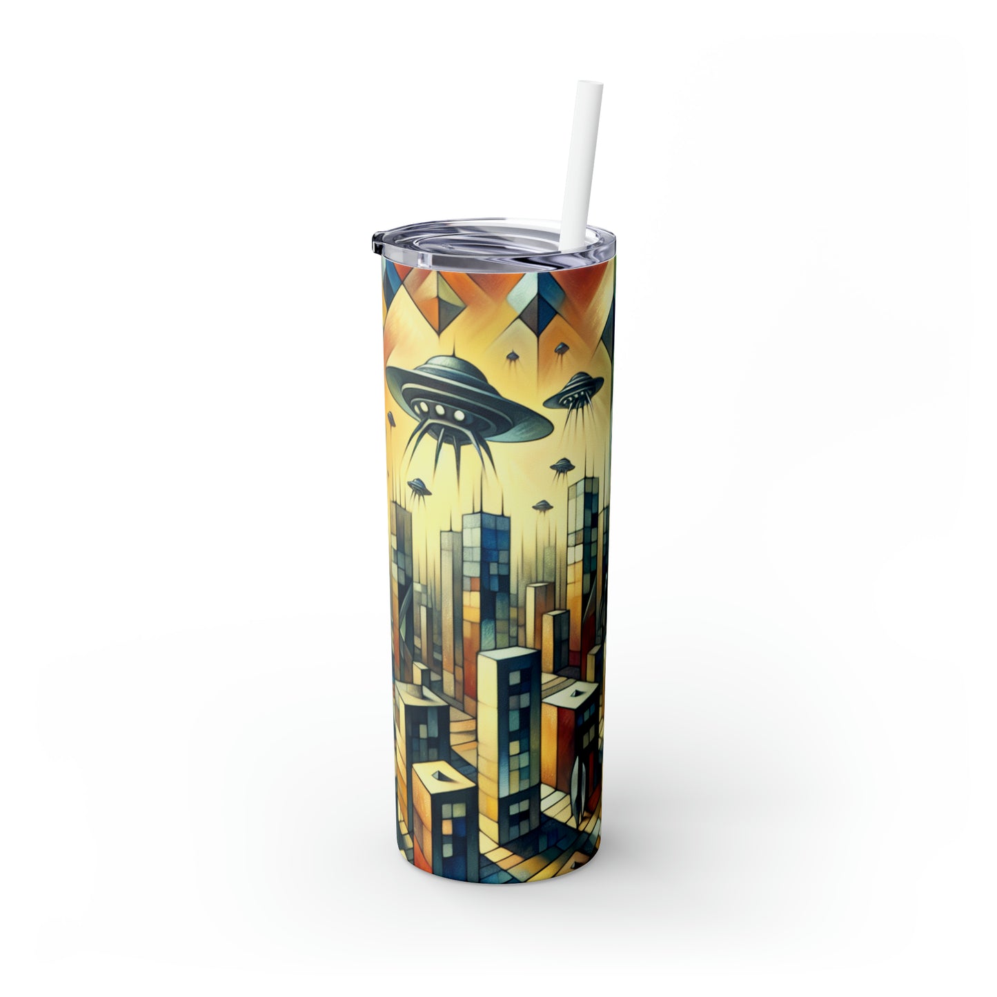 "Cubism in a Futuristic, Alien-Invaded City". - The Alien Maars® Skinny Tumbler with Straw 20oz A futristic city invaded by aliens in cubism art style