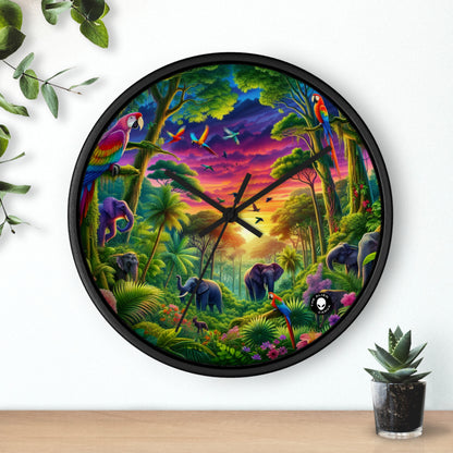 « Coucher de soleil dans la nature : une aventure dans la jungle arc-en-ciel » – L'horloge murale Alien