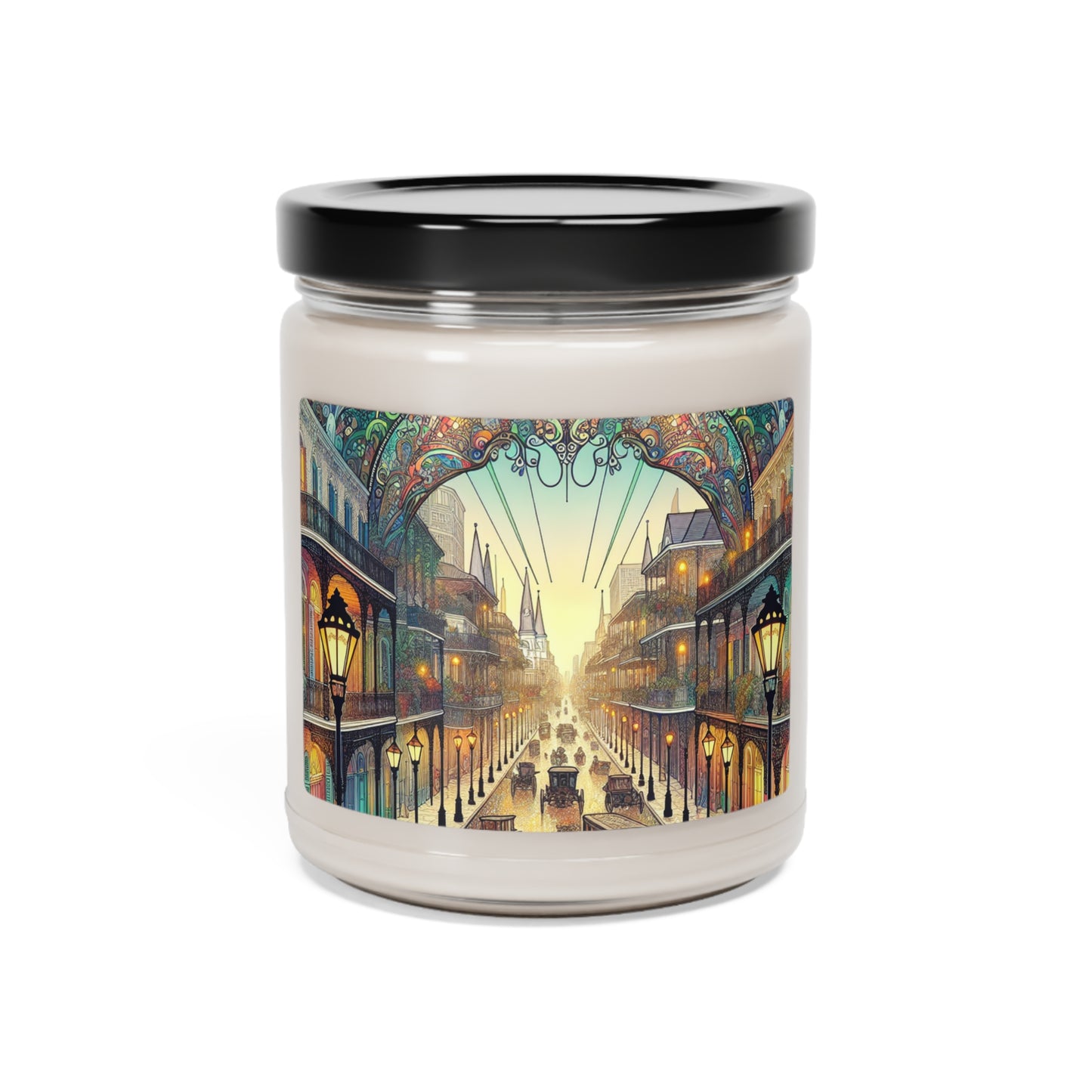 "Vivid Splendor: Una imagen del barrio francés de Nueva Orleans" - Vela de soja con aroma a extraterrestre, estilo Art Nouveau de 9 oz