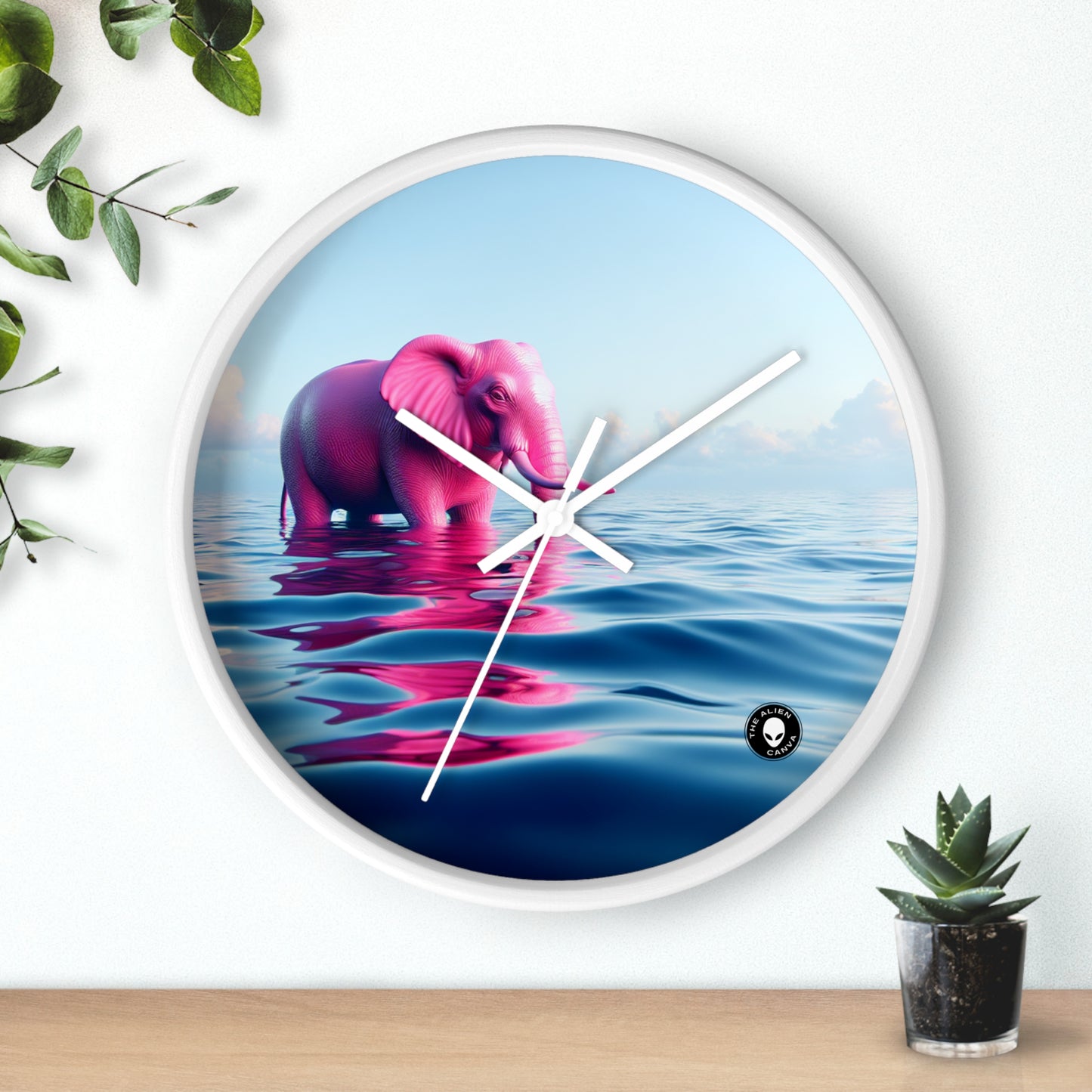 "L'éléphant rose dans la mer d'un bleu profond" - L'horloge murale extraterrestre Un éléphant rose flottant dans l'océan