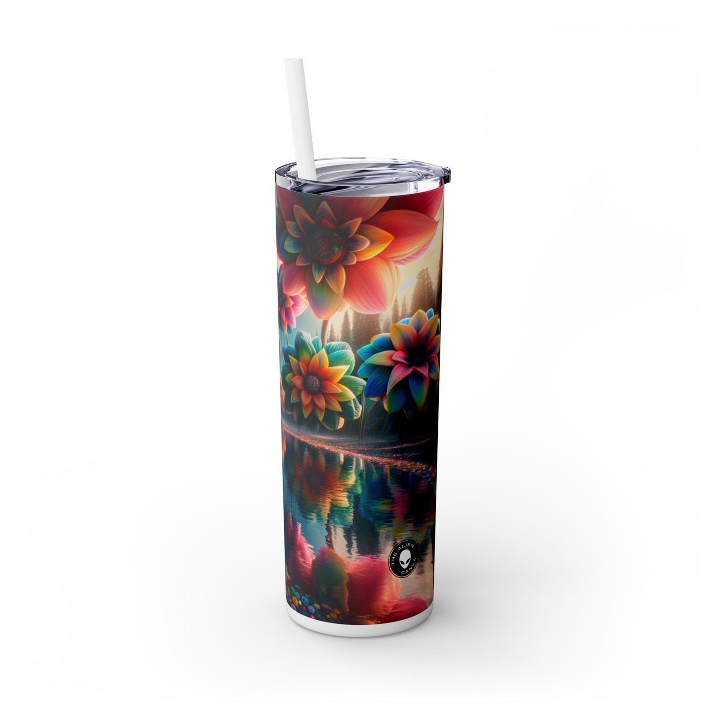 "Enchanted Waters: A Floral Dreamland" - The Alien Maars® Skinny Tumbler with Straw 20oz