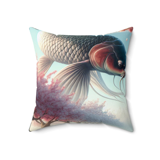 "Peces Koi en flores de cerezo: belleza de la naturaleza" - Almohada cuadrada de poliéster hilado de The Alien