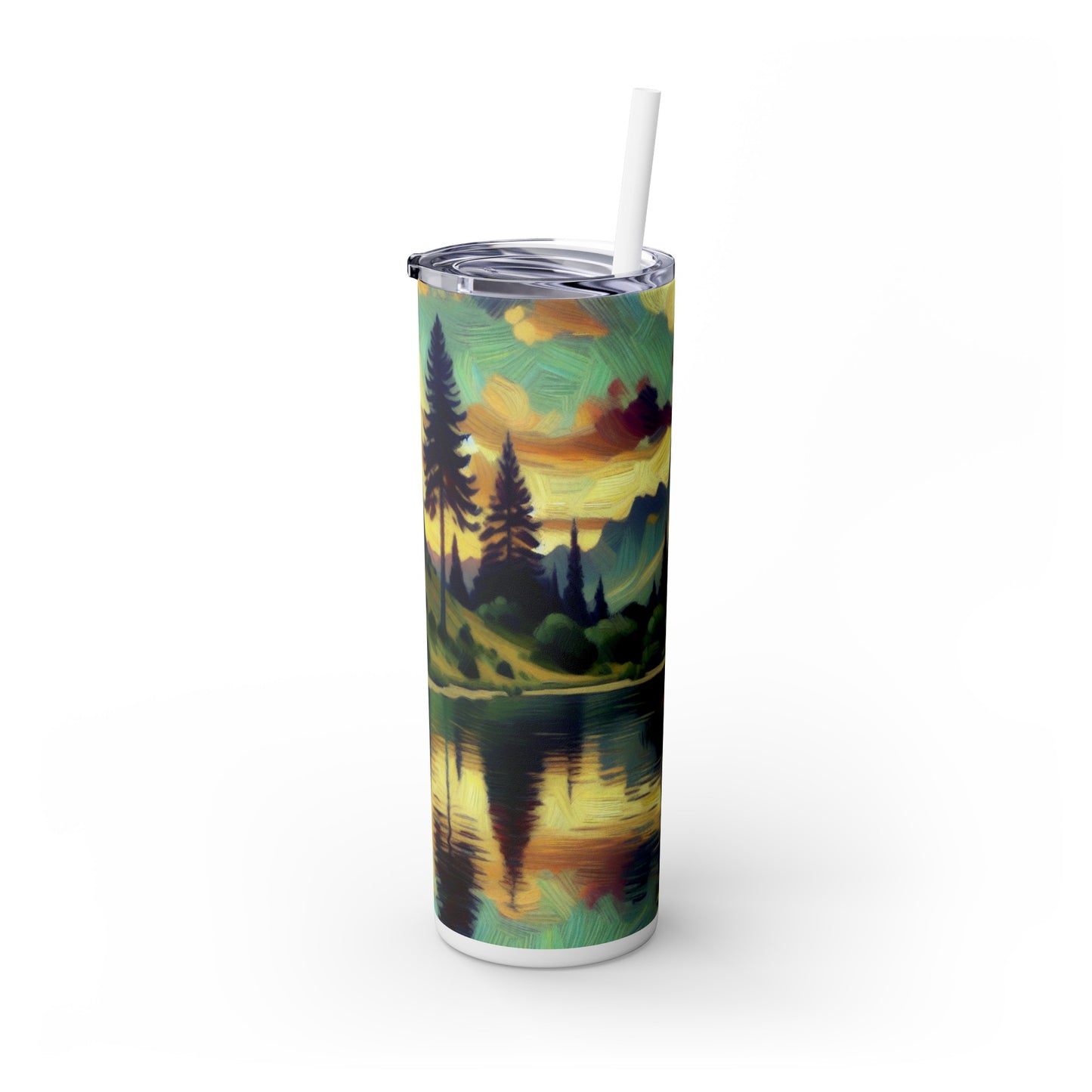 "Dusk in the Countryside: A Vibrant Post-Impressionist Painting" - The Alien Maars® Skinny Tumbler with Straw 20oz Post-Impressionism