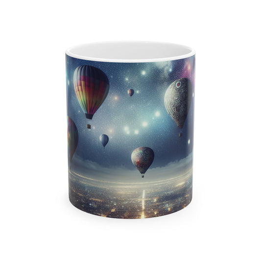 "Viaje nocturno estrellado: globos aerostáticos sobre la ciudad" - Taza de cerámica de 11 oz de The Alien