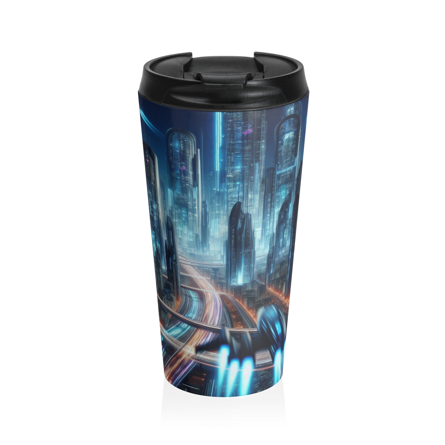 "Neon Skyline: Future Cityscapes": taza de viaje de acero inoxidable de Alien