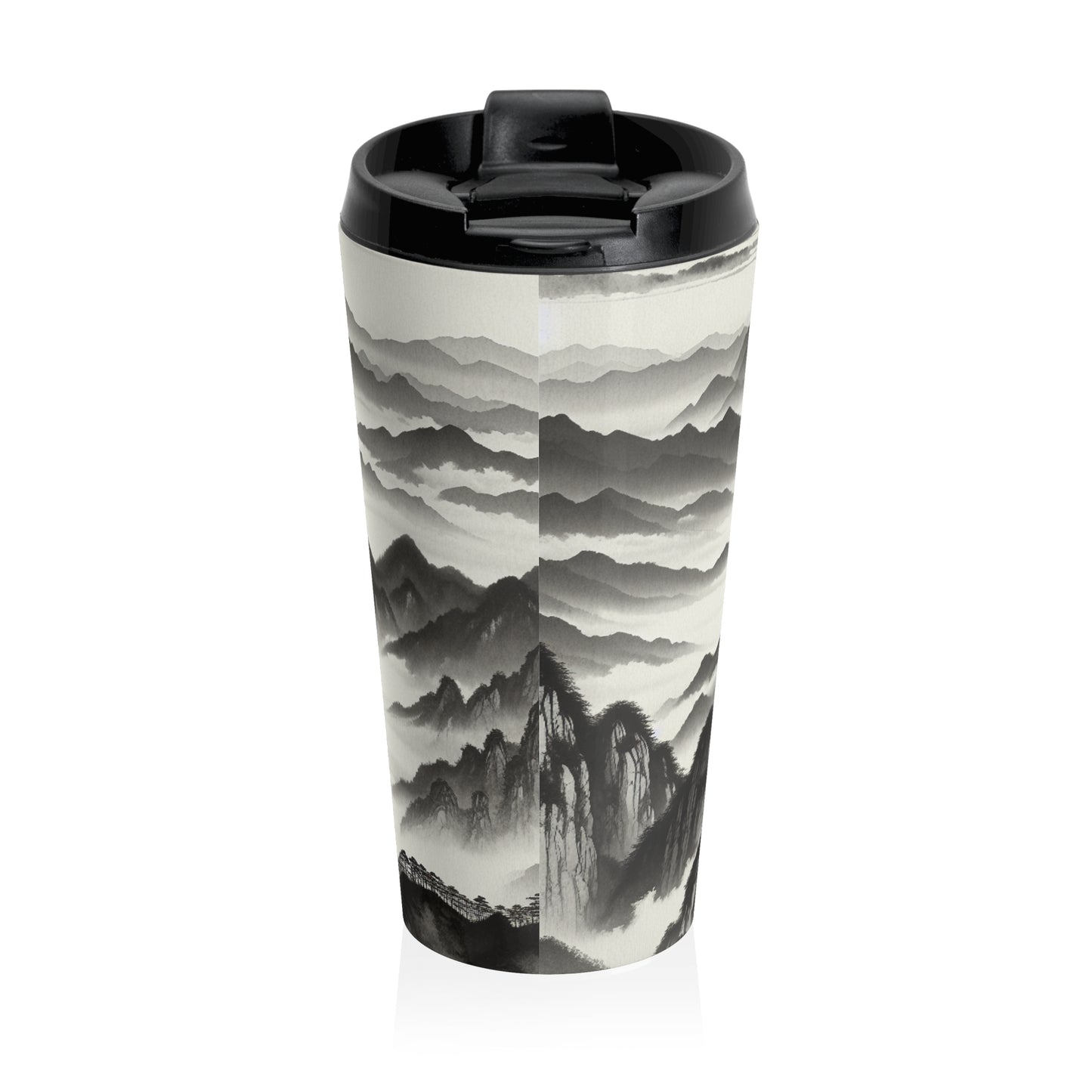 "Misty Peaks in the Fog" - The Alien Tasse de voyage en acier inoxydable Style peinture à l'encre