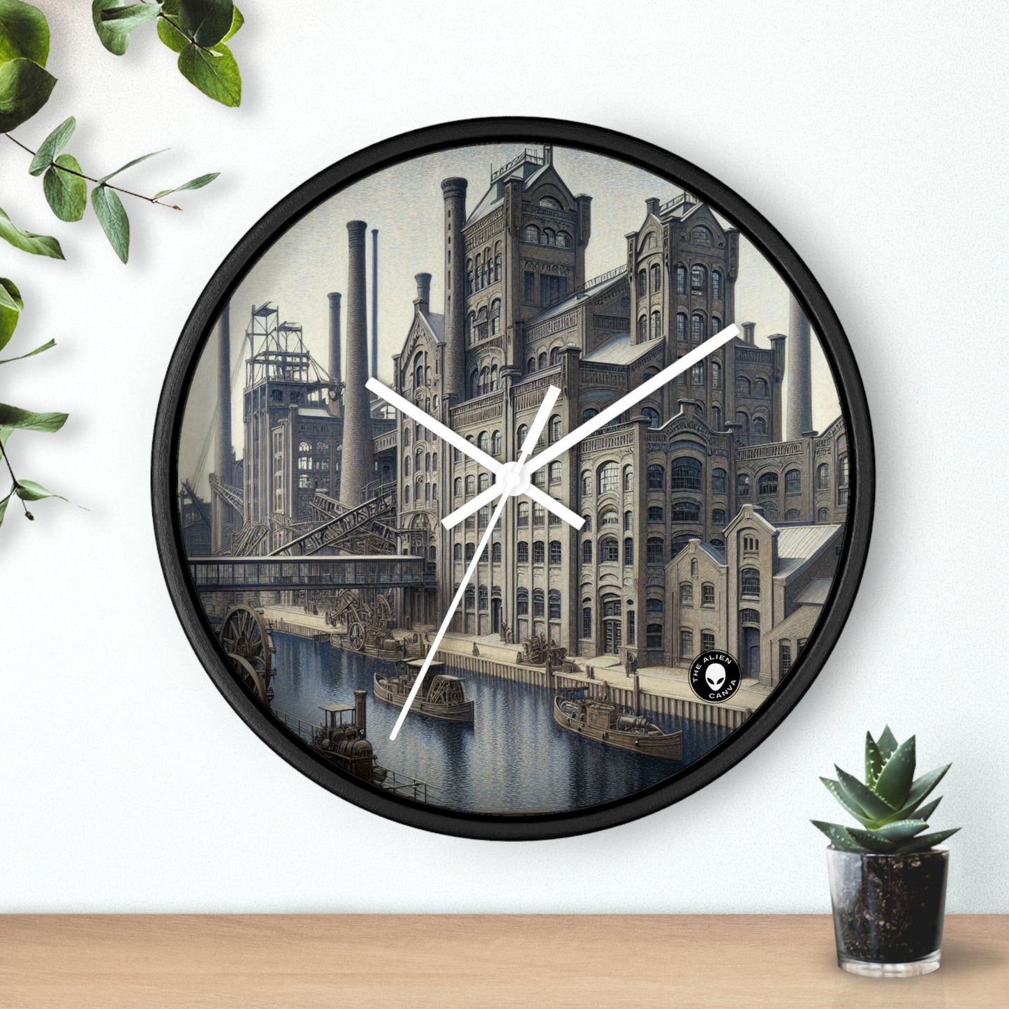 "Precisión urbana: paisaje urbano moderno al estilo del precisionismo" - El reloj de pared alienígena Precisionismo