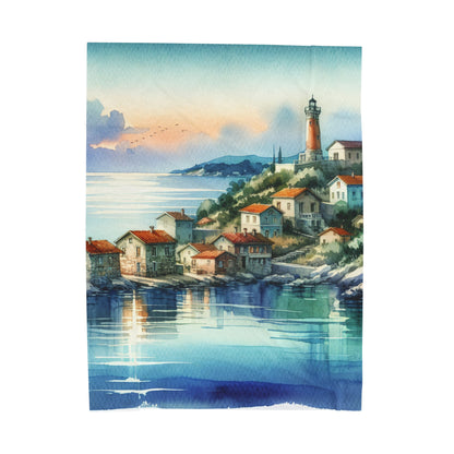 "Glimpse of a Seaside Haven" - The Alien Velveteen Plush Blanket Watercolor Painting Style