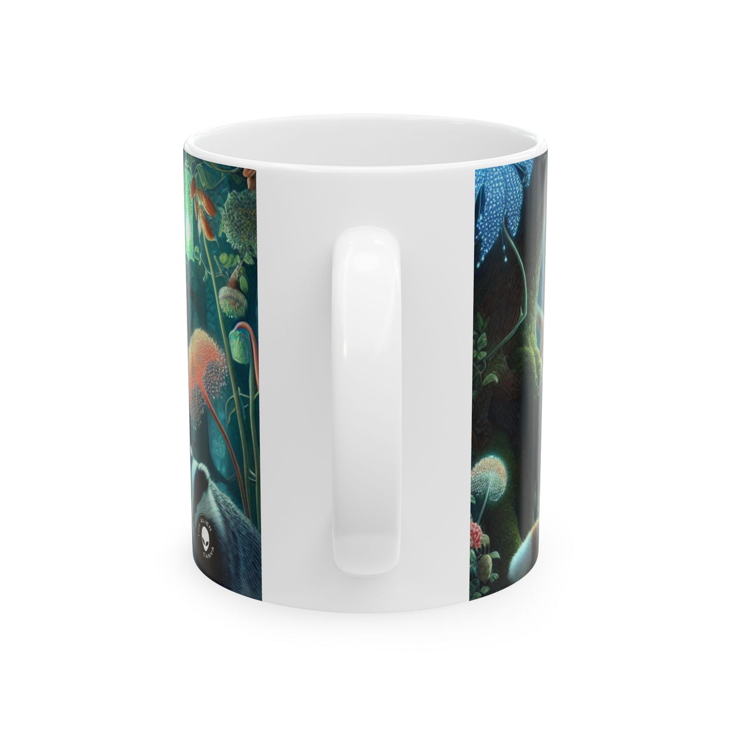 "Animales místicos: criaturas retozando en un bosque encantado" - Taza de cerámica The Alien de 11 oz