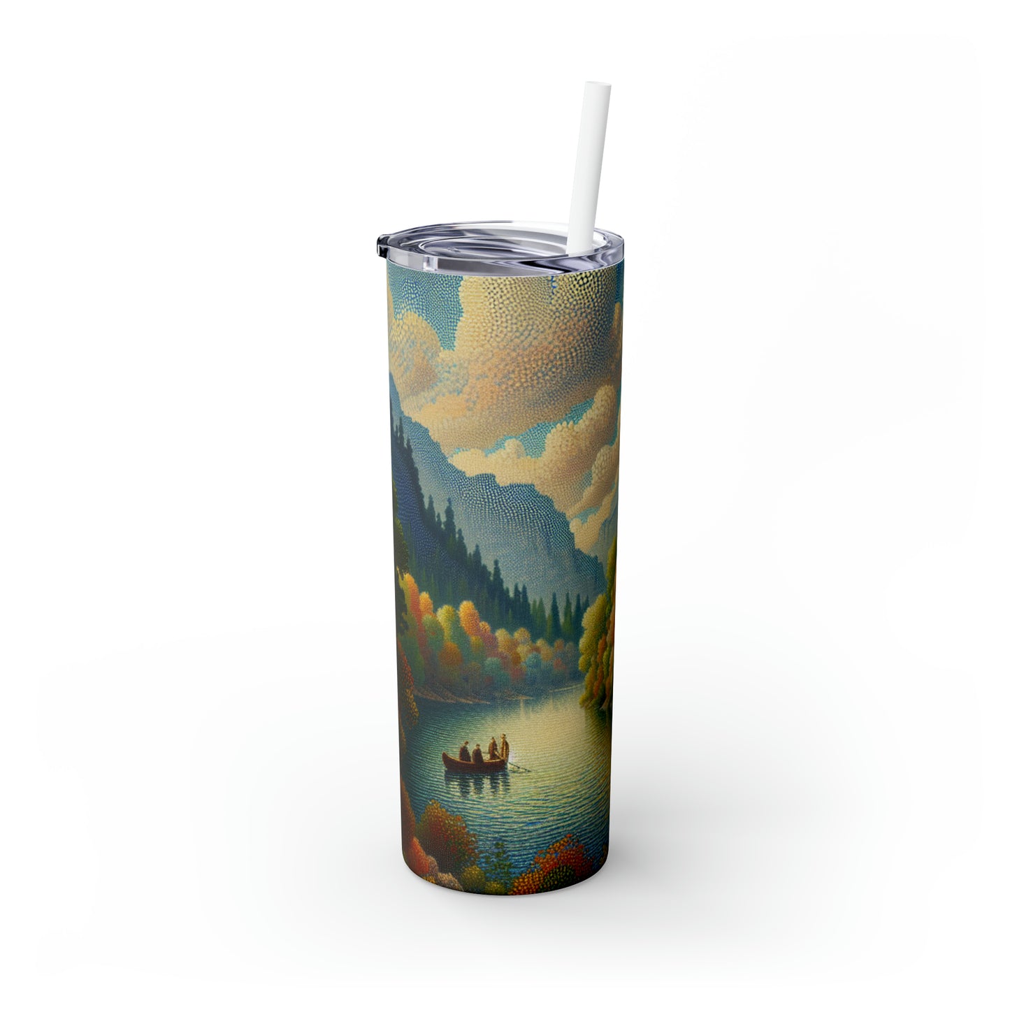 "Serenidad en puntos: Una puesta de sol en puntillismo en la playa" - Vaso delgado con pajita de Alien Maars®, puntillismo de 20 oz