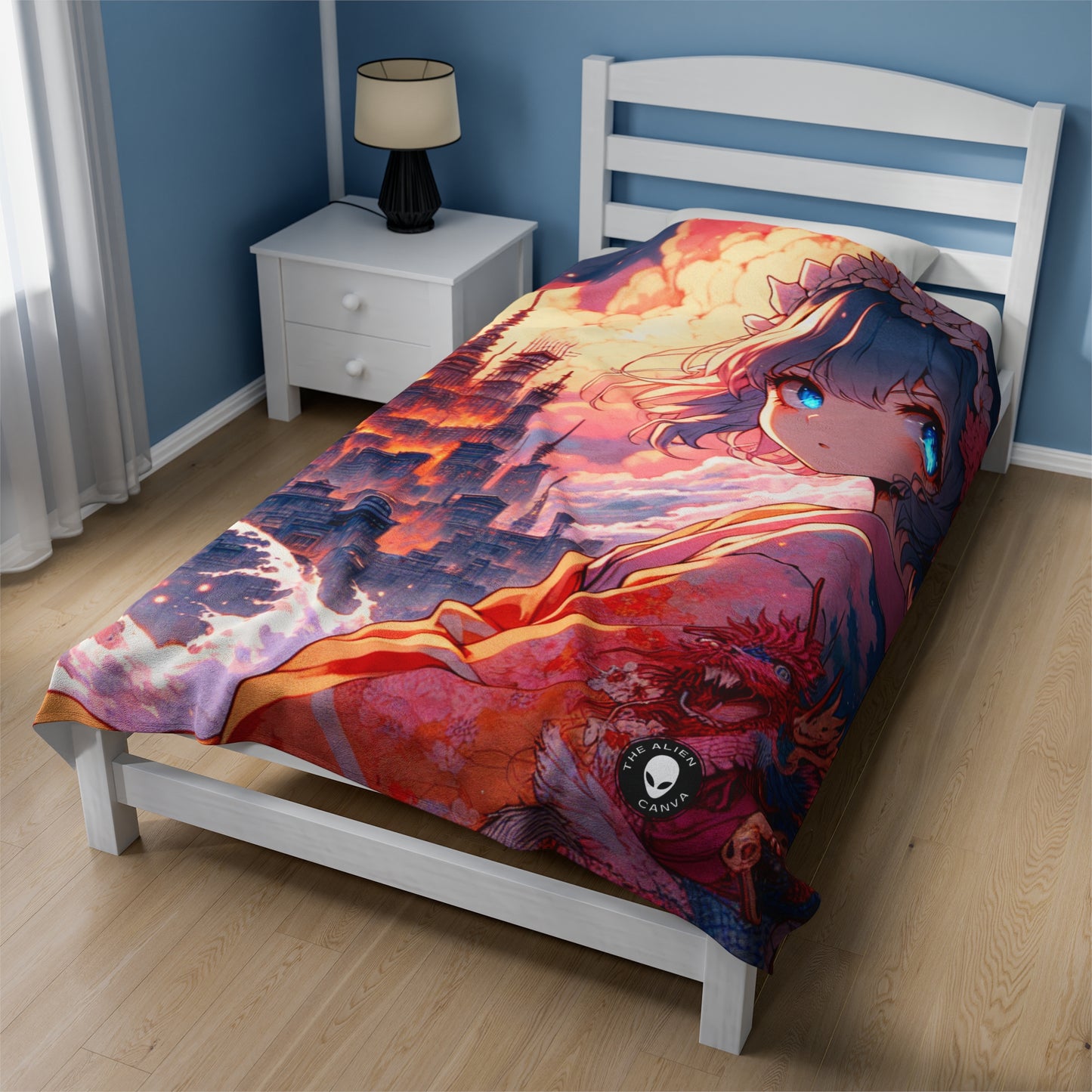 Title: "Swords ablaze: The Elemental Duel" - The Alien Velveteen Plush Blanket Manga/Anime Art