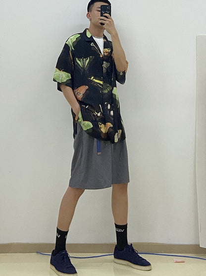 Printed Black Hawaiian Short Sleeve Shirting