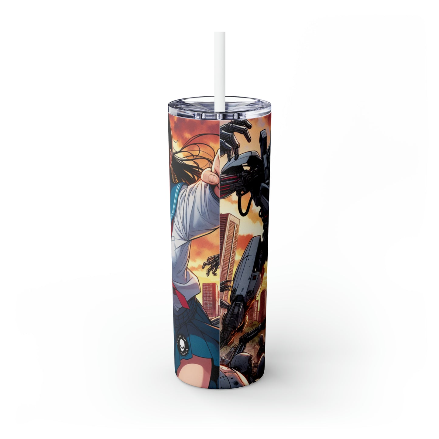 "Girl in Uniform Saves City from Invaders." - The Alien Maars® Skinny Tumbler with Straw 20oz Manga/Anime Art