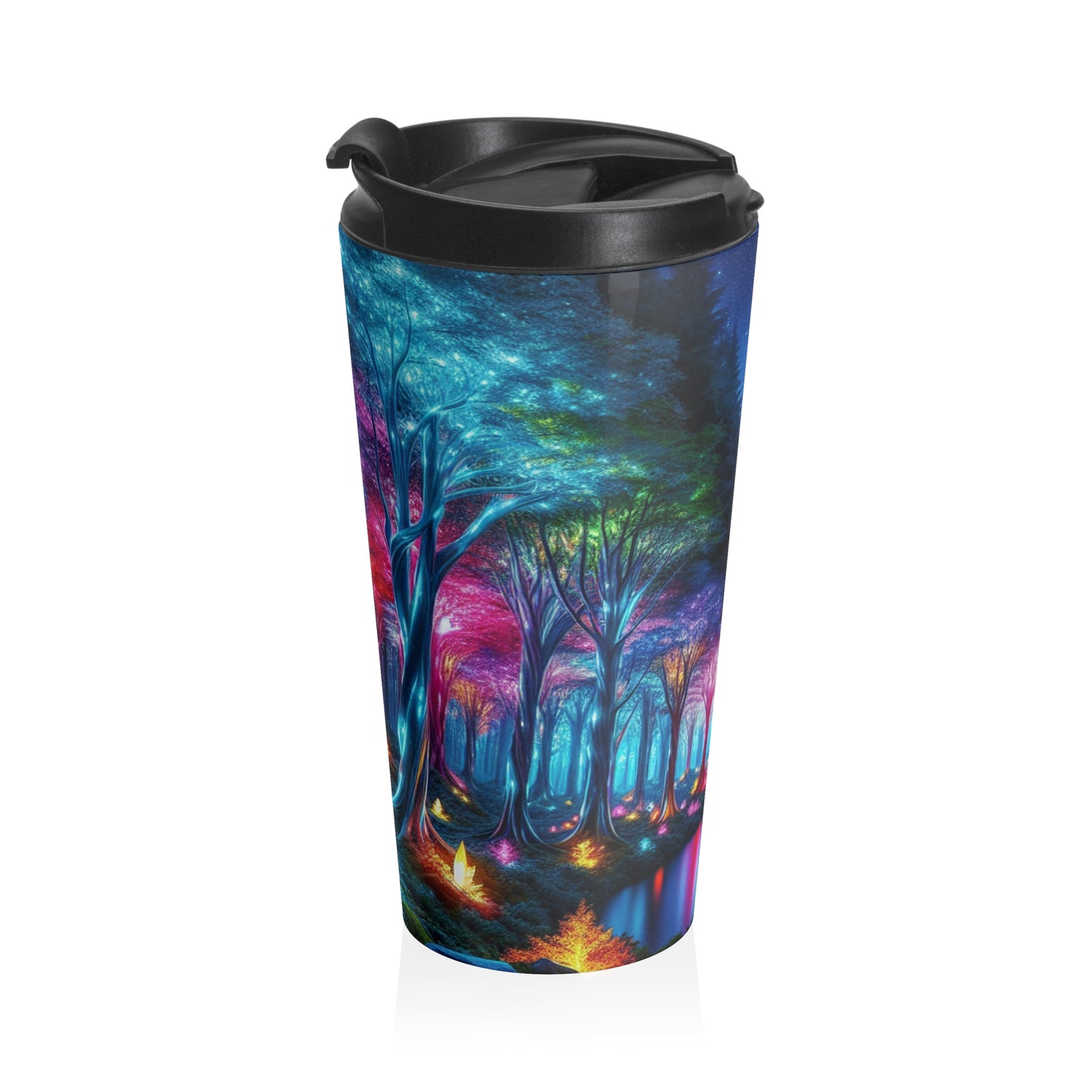 "Crystal Glow: El bosque encantado": taza de viaje de acero inoxidable de Alien