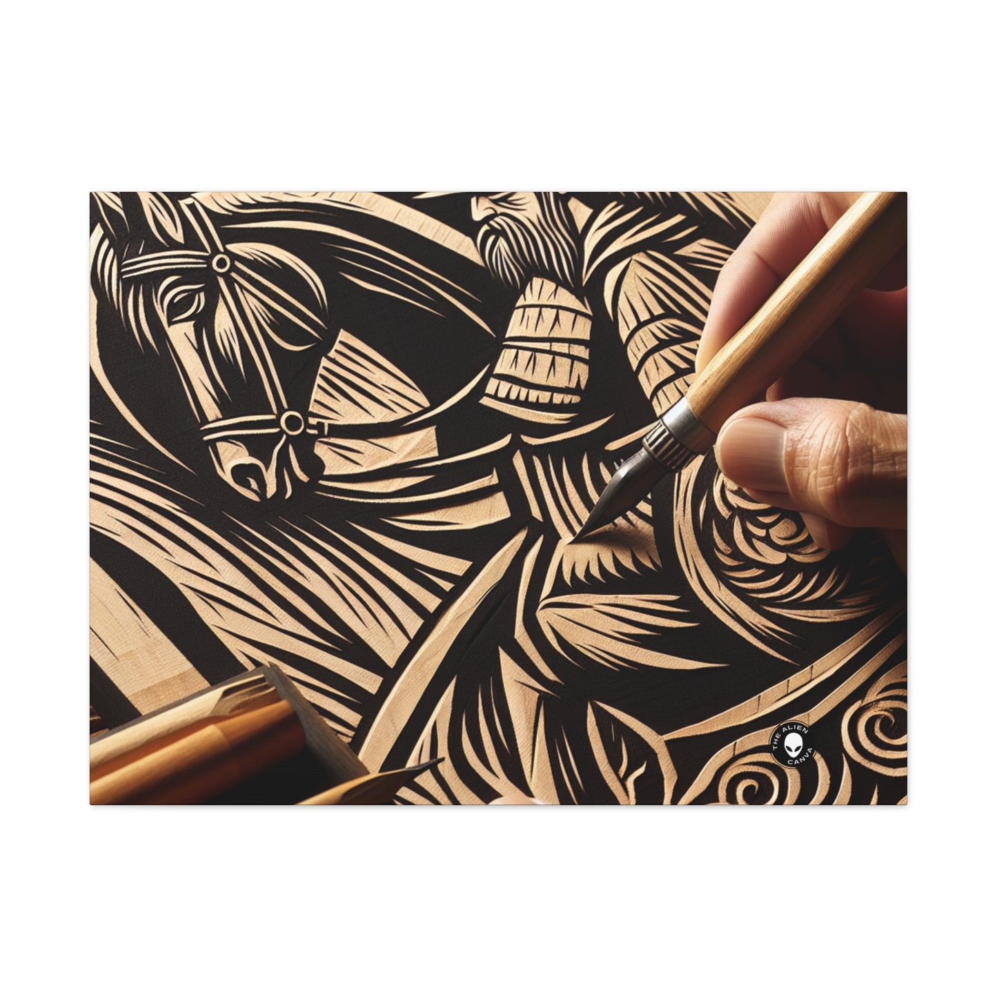 « Ombres enchanteresses : une gravure sur bois des aurores boréales dansantes » - The Alien Canva Woodcut Printing