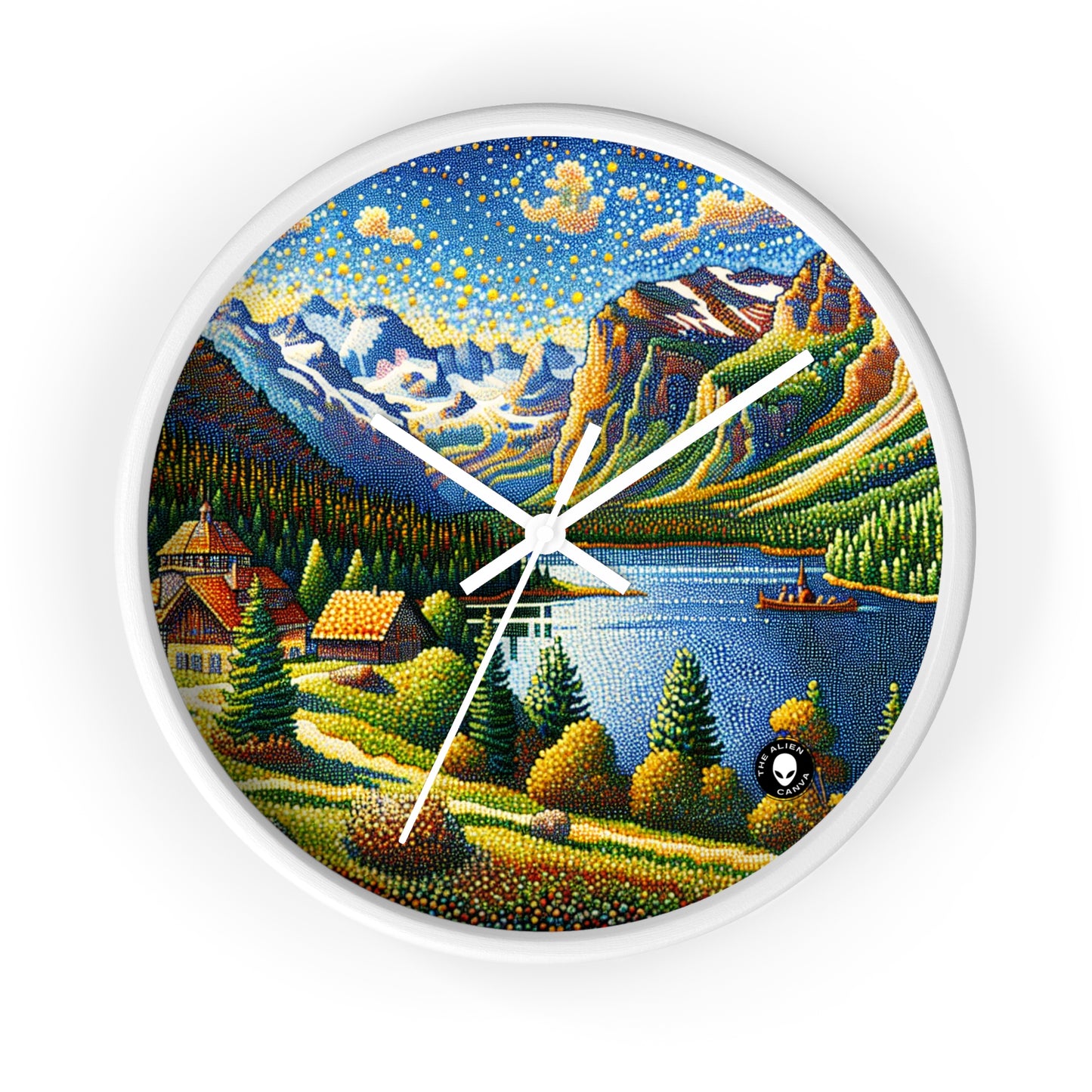 "Coucher de soleil tranquille : un chef-d'œuvre pointilliste d'une campagne sereine" - The Alien Wall Clock Pointillism