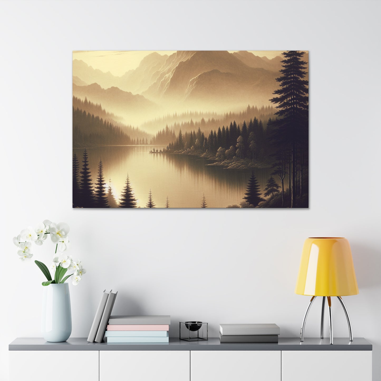 "Dawn at the Lake: A Foggy Mountain Morning" - The Alien Canva Tonalism Style