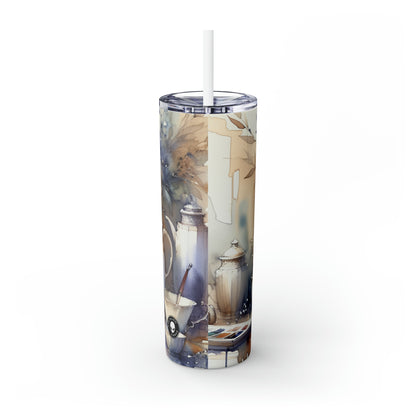 « Un coucher de soleil tranquille au bord de la rivière » - The Alien Maars® Skinny Tumbler avec paille 20oz peinture à l'aquarelle