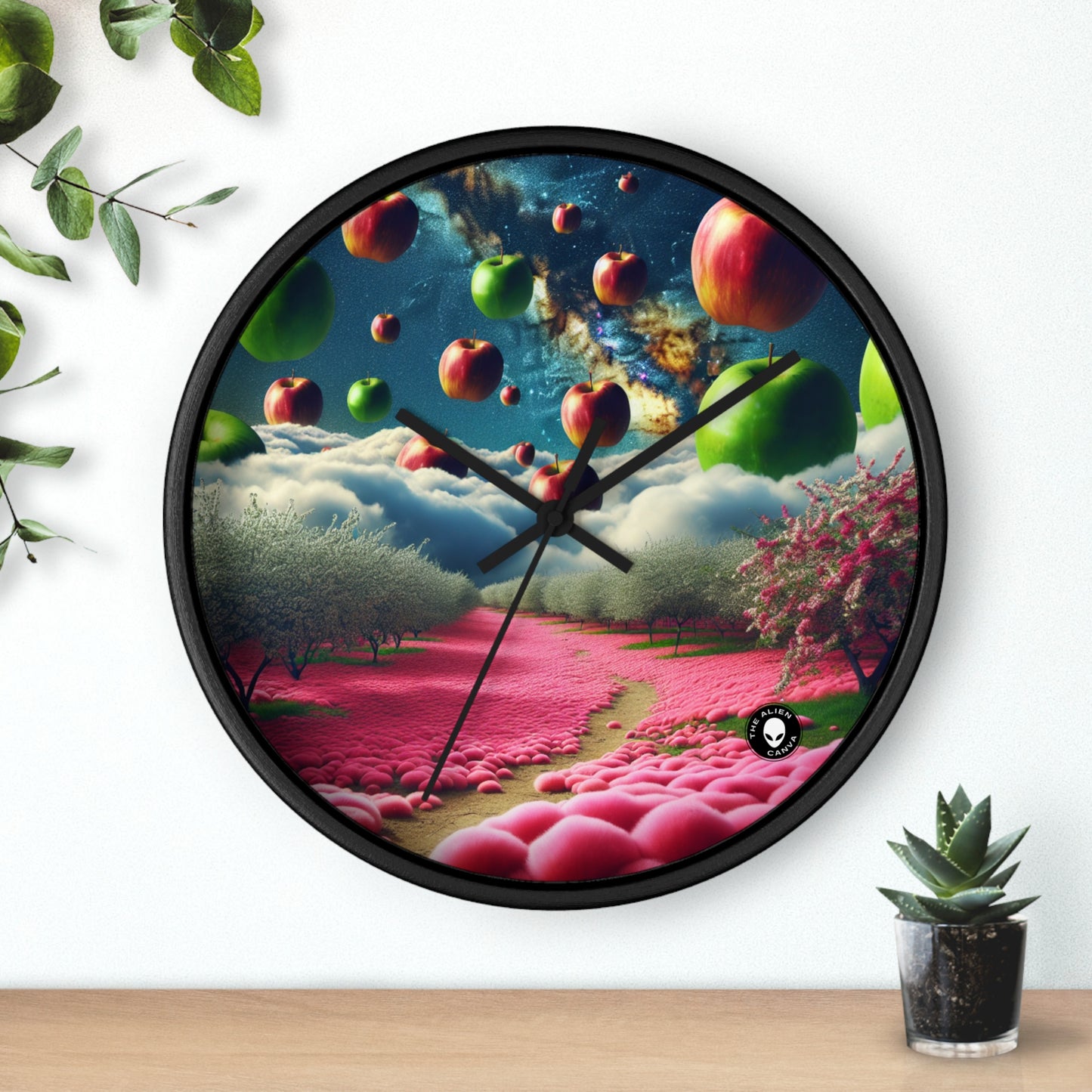 "Cielo de manzana y alfombra de flores rosas: un paisaje surrealista" - El reloj de pared alienígena