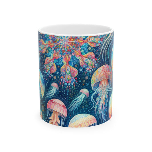 "Danza luminosa de las profundidades" - Taza de cerámica alienígena de 11 oz