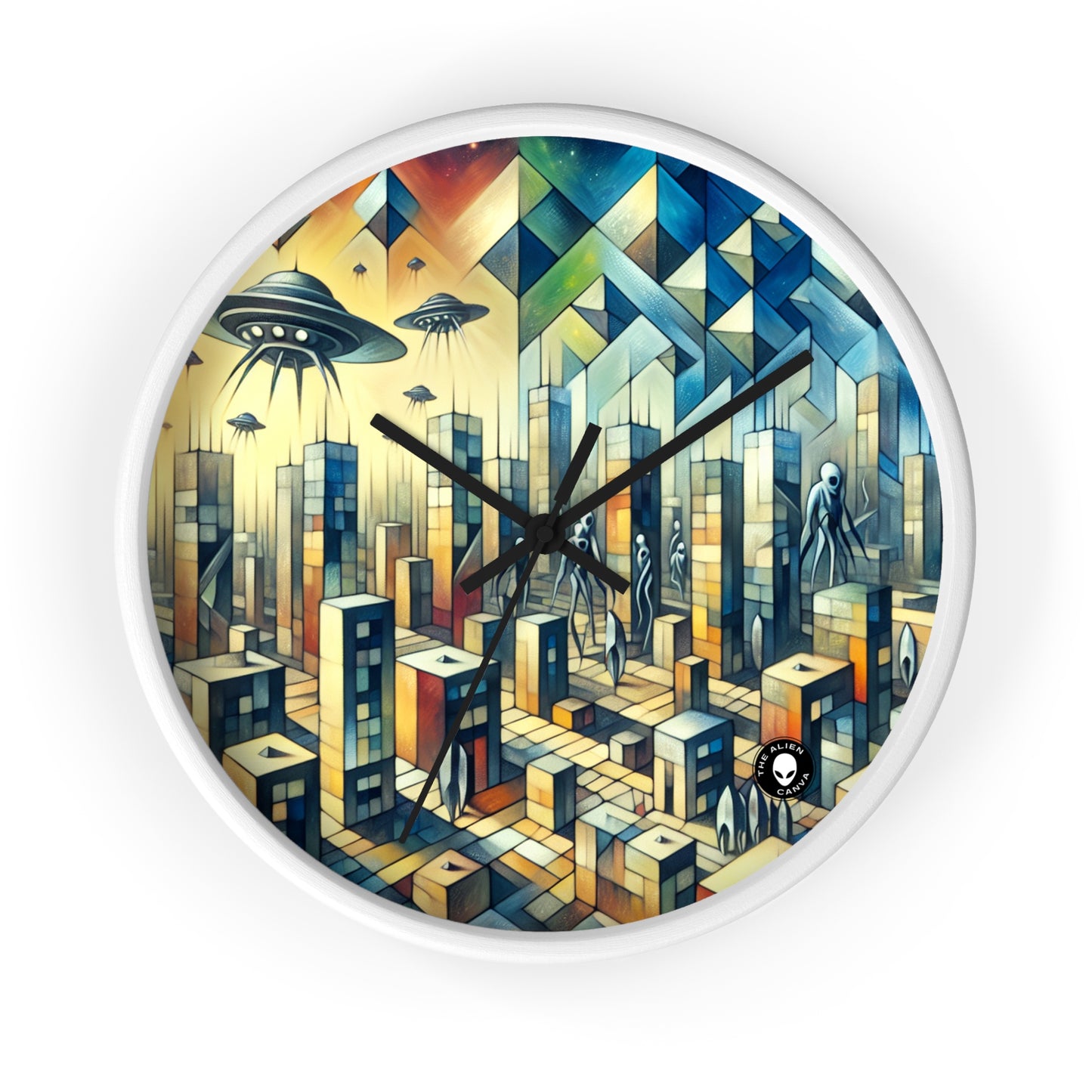 "Cubisme dans une ville futuriste envahie par des extraterrestres". - The Alien Wall Clock Une ville futuriste envahie par des extraterrestres dans un style artistique cubiste