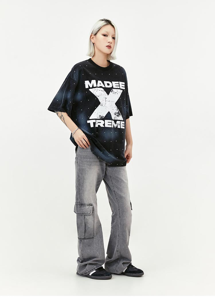 Retro Washed Distressed Letters X Printed Short-sleeved T-shirt