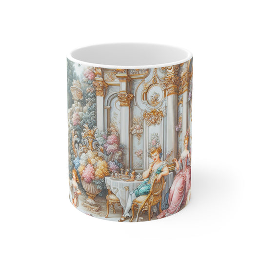 "A Garden of Rococo Delights: A Whimsical Extravaganza" - The Alien Ceramic Mug 11oz Rococo