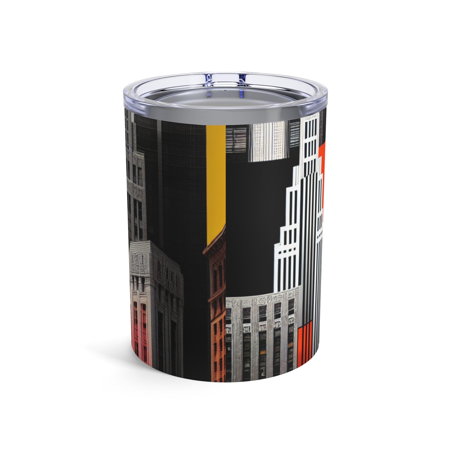 "A Contrast of Times: Classic Art Deco Skyscrapers and a Modern Cityscape" - The Alien Tumbler 10oz Art Deco Style