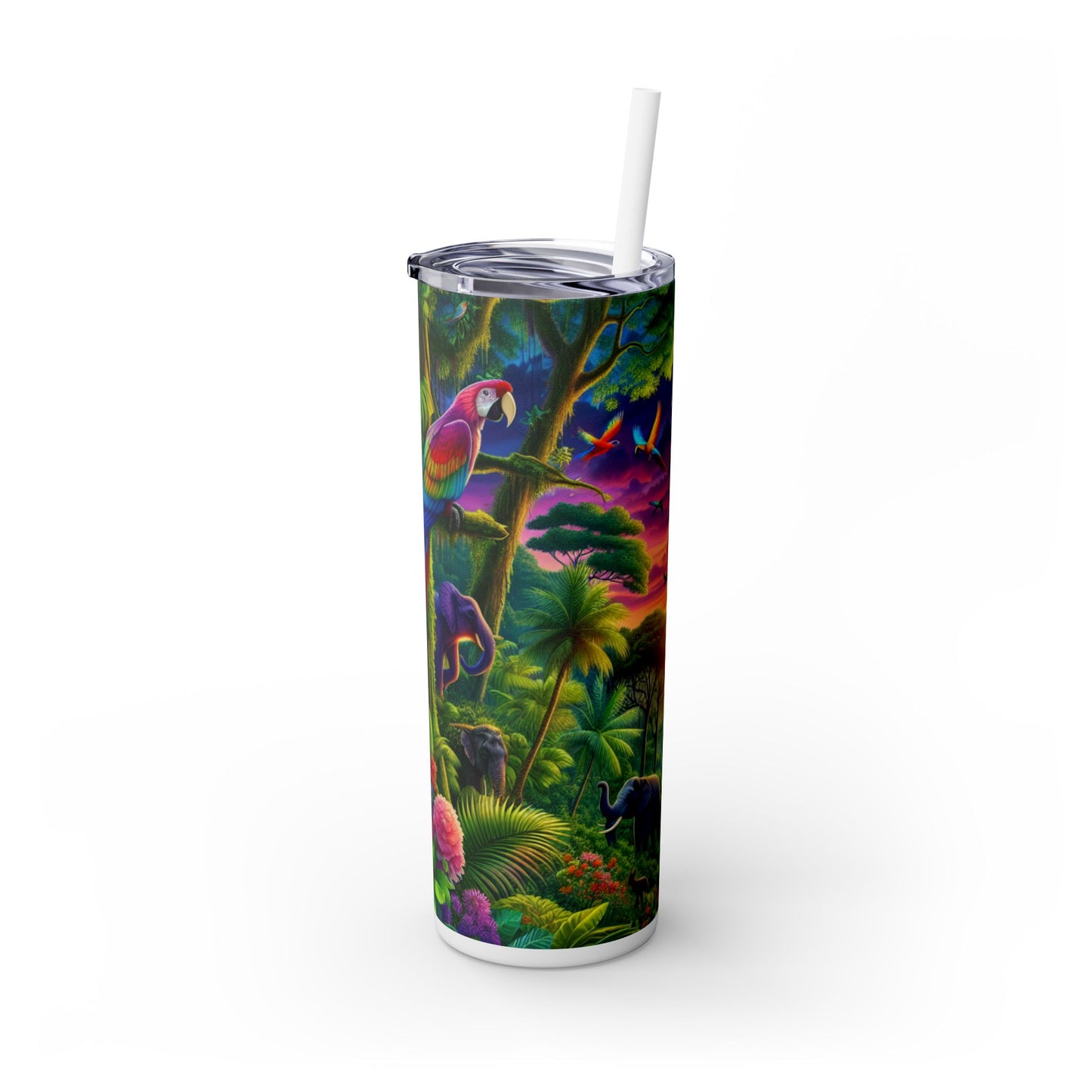 "Sundown in the Wild: A Rainbow Jungle Adventure" - The Alien Maars® Skinny Tumbler with Straw 20oz