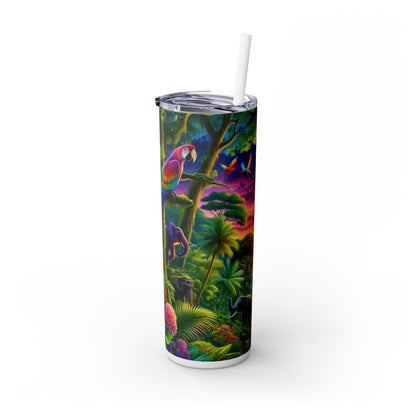 "Atardecer en la naturaleza: una aventura en la jungla con arcoíris" - Vaso delgado con pajita Maars® de 20 oz de Alien