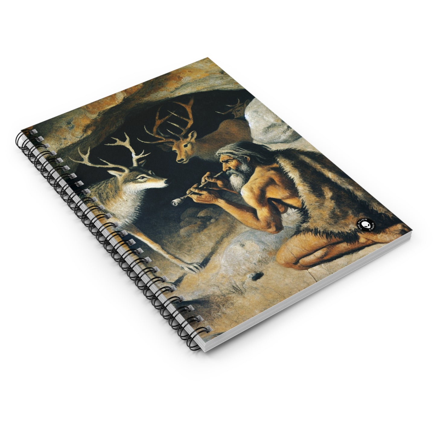 "Hunter and Wolf: In Pursuit of Prey." - The Alien Spiral Notebook (Ruled Line) Cave Painting