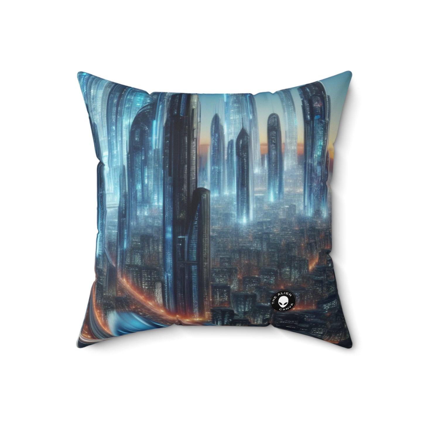 "Neon Skyline: Future Cityscapes": almohada cuadrada de poliéster hilado de Alien